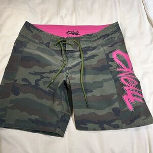 O'Neill Green Camouflage Board Shorts with Pink Logo